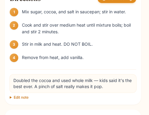Add your own notes to a recipe